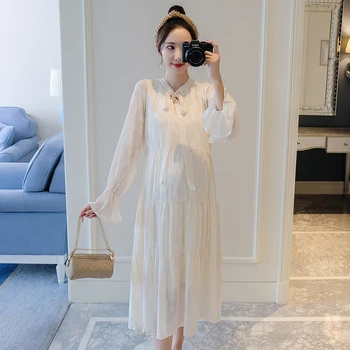 

179# 2020 Autumn Korean Fashion Maternity Long Dress Sweet Elegant Slim Clothes for Pregnant Women Pregnancy Party Dress
