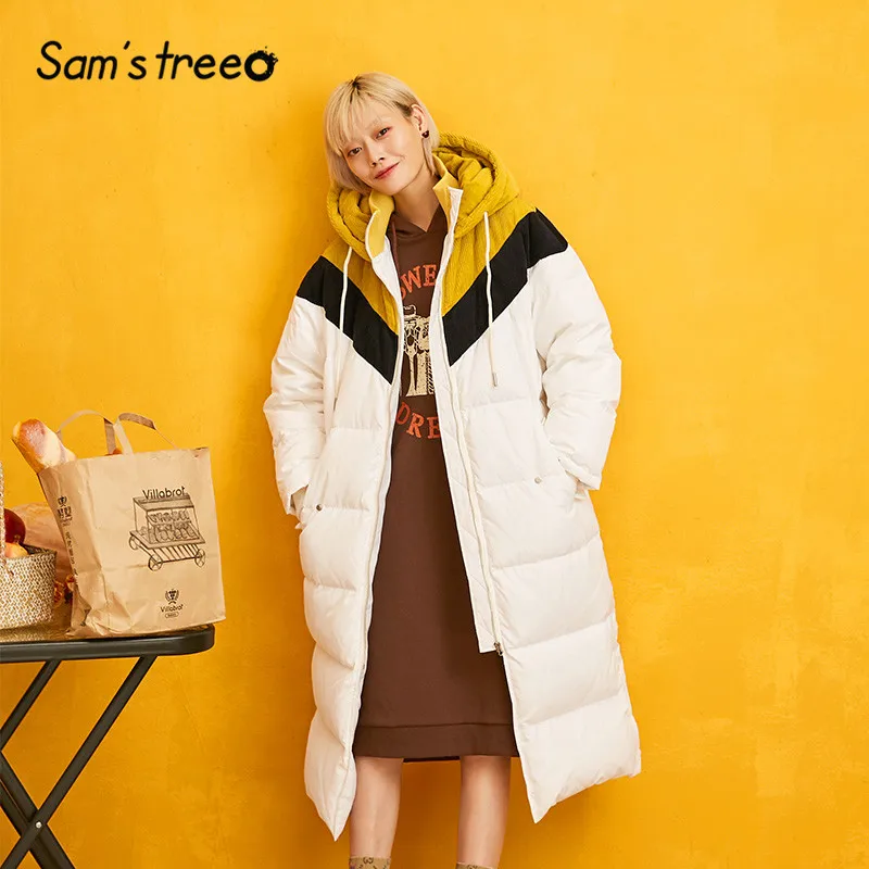 

SAM'S TREE White Solid Patchwork Straight Hoodies Warmness Down Coat Women 2019 Winter Drawstring Split Oversive Female Outwears