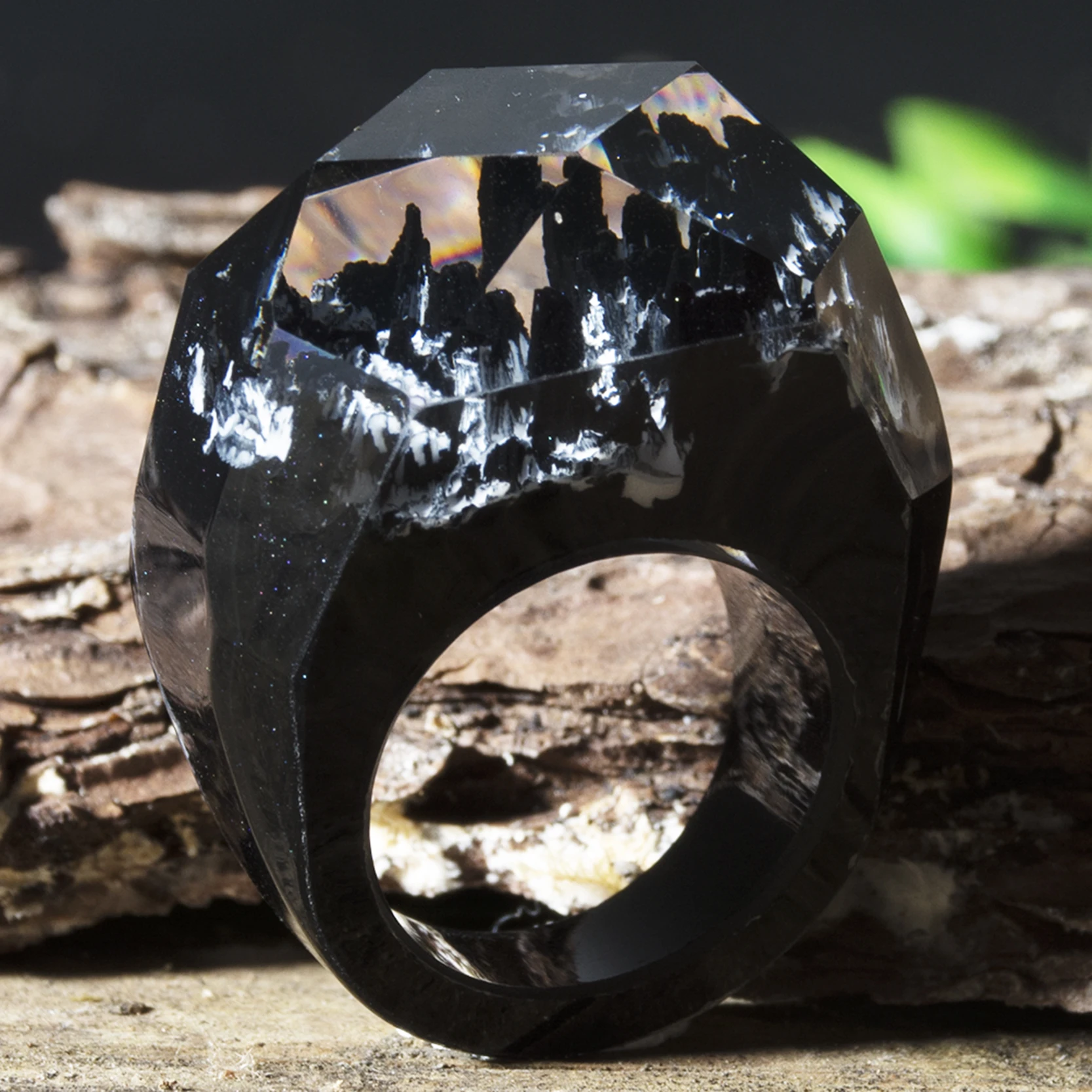 Черное винтажное деревянное кольцо из смолы эко эпоксидные украшения из дерева тайна магического мира в крошечном пейзаже, светящемся в темноте
