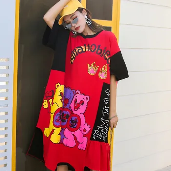 

Contrast color short-sleeved dress female 2020 spring print stitching irregular over the knee long long size T-shirt skirt tide
