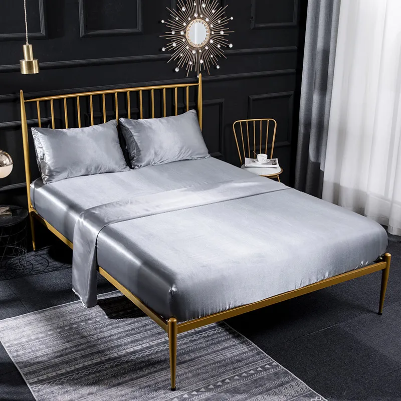 

Satin Silk Bed Linen Set Solid Color Fitted Flat Sheet King Queen Size 4pcs Mattress Cover Superior luxury Bedding Sets