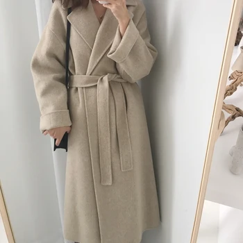 

Wool long coat female retro elegant foreign fashion loose solid color tie waist woolen cardigan large size jacket 2019 winter