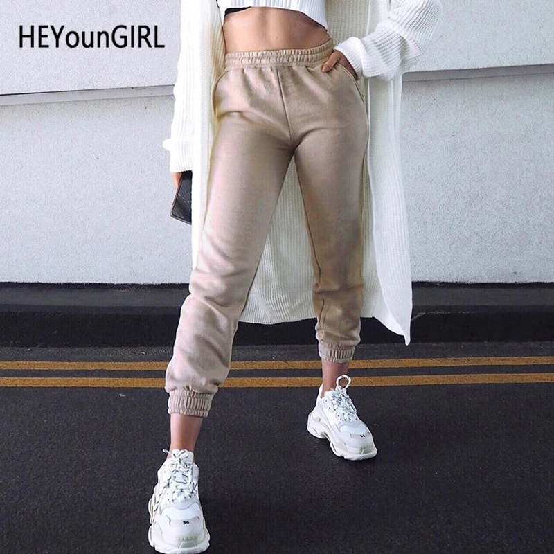 HEYounGIRL Autumn Winter Solid Khaki Sweatpants Women Elastic High Waist Sweat Pants Capris Casual Warm Trousers Ladies Pockets HEYounGIRL Autumn Winter Solid Khaki Sweatpants Women Elastic High Waist Sweat Pants Capris Casual Warm Trousers Ladies Pockets