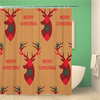 

72x72 Inches Shower Curtain Christmas Pattern with Deer Head on Plaid Branch Celebration Colorful Decoration Waterproof