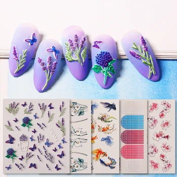 

1 PC Nail Sticker Colorful Various Flower Pattern Embossed Stickers Lavender 5D Stickers Nature Nail Art DIY Design Decoration