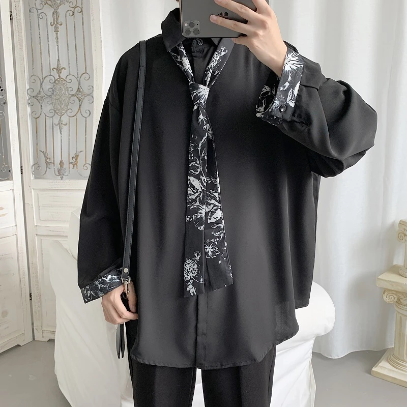 

Send Tie Men's Casual Handsome Long Sleeve Shirts Camisa Masculina Streetwear Black/white/grey Color Clothes Shirts Size M-2XL