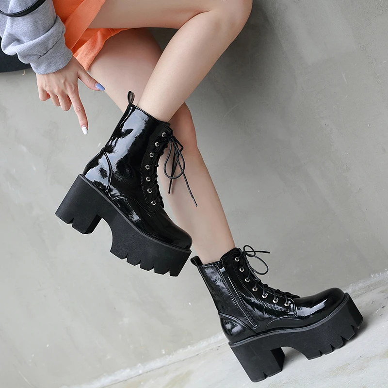 

Botas Women Motorcycle Ankle Boots Wedges Female Lace Up Platforms Spring Black Leather Oxford Shoes 2020 Botas Mujer YMB267