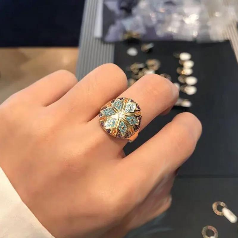 UMGODLY Luxury Brand Fashion Ring Yellow Gold Color Multicolor Stones Geometric Shapes Tribal Finger for Women Mana Series | Украшения и