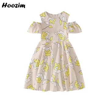 

2020 Summer Print Flower O Neck Short Sleeve A Line Dress Girls 4-11 Year Casual Apricot Back Zipper Cold Shoulder Dresses Child