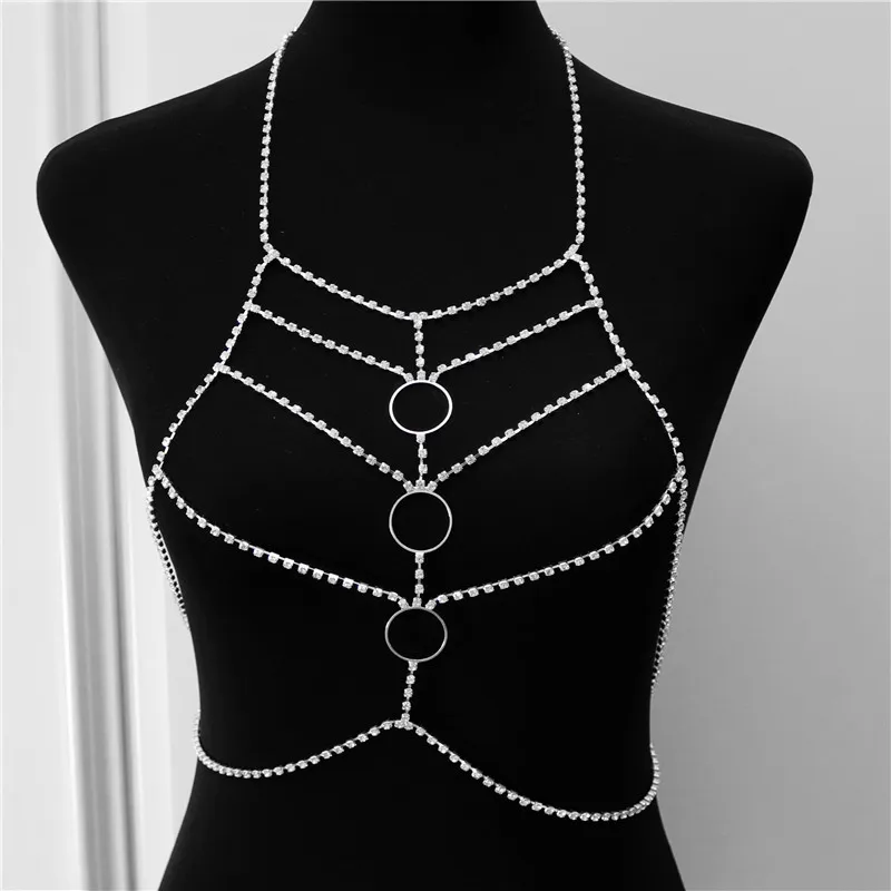 

Bohemian Beach Sexy Chest Chain Women Full Rhinestone Cross Circle Chest Chain Shiny Crystal Bra Body Necklace Choker Jewelry