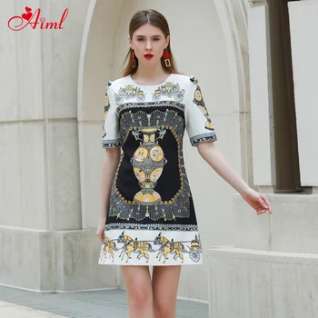 

Designer 2020 Runway Fashion Summer Vintage Dress Female Round neck Short sleeve Retro Vase Print Crystal Diamond Loose Dresses