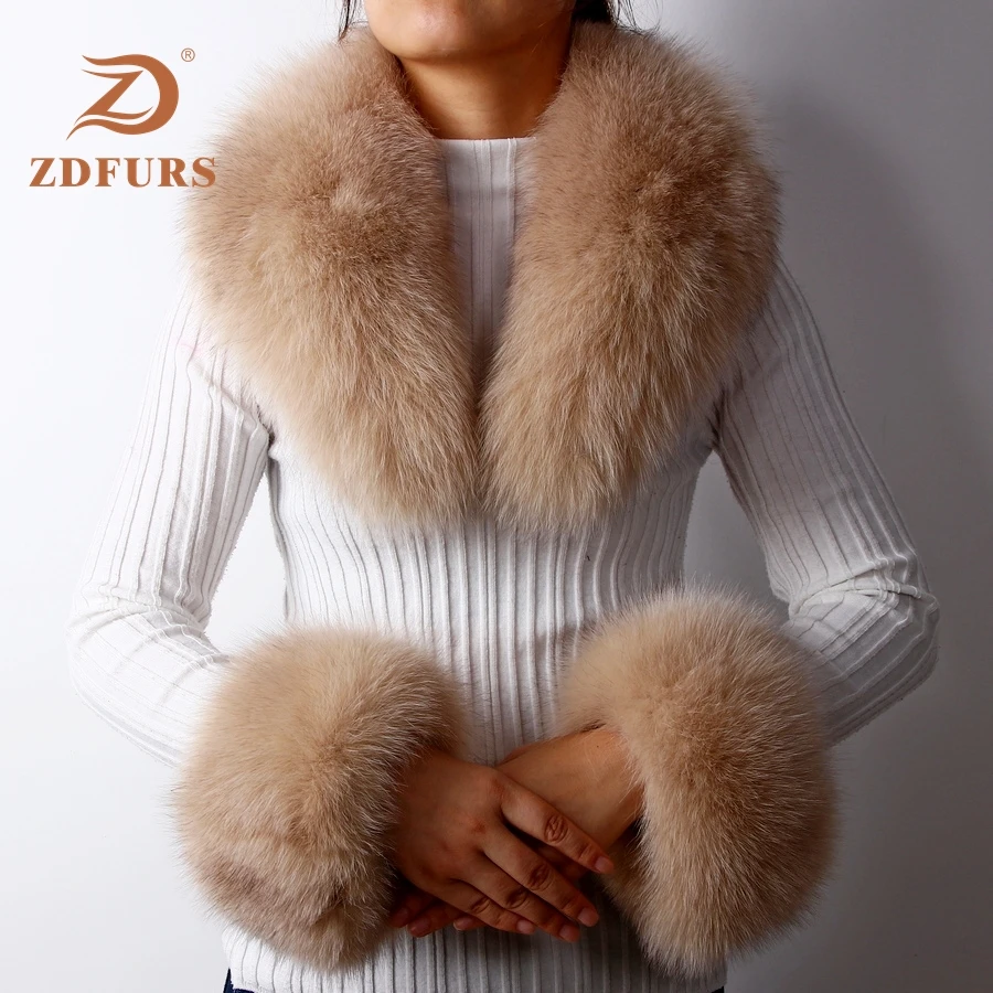 Fox Light camel ZDFURS* Новое поступление натуральный Лисий мех/енот меховой воротник манжеты женские зимние модные меховые воротник и манжеты один комплект - Цвет: Fox Light camel