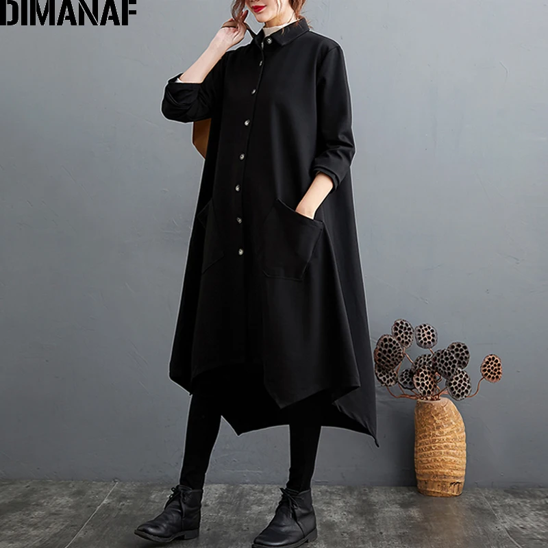 

DIMANAF Plus Size Women Jacket Coat Outwear Button Cardigan Pockets Office Lady Female Clothing Loose Overcoat Autumn Winter 4XL
