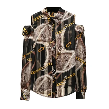 

Chiffon Off shoulder Blouse 2020 Plus Size Women's Print Long Sleeve Casual Loose Tops Turn Down Collar Office Ladies Shirt