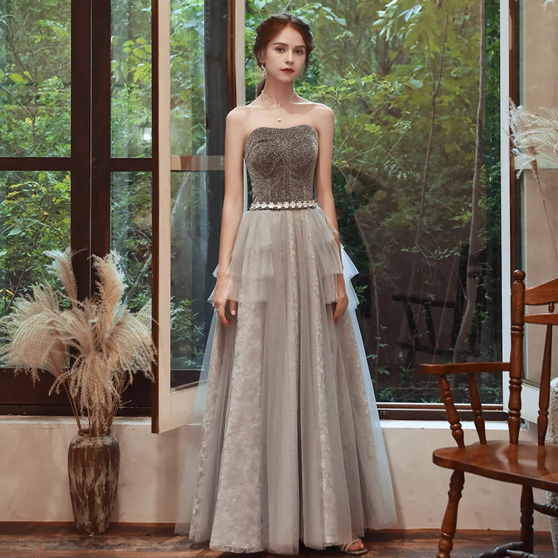 SSYFashion Новое серебристо-серое вечернее платье, для банкета, сексуальное без бретелек, без рукавов, кружевное длинное фатиновое торжественное платье Vestidos De Noche