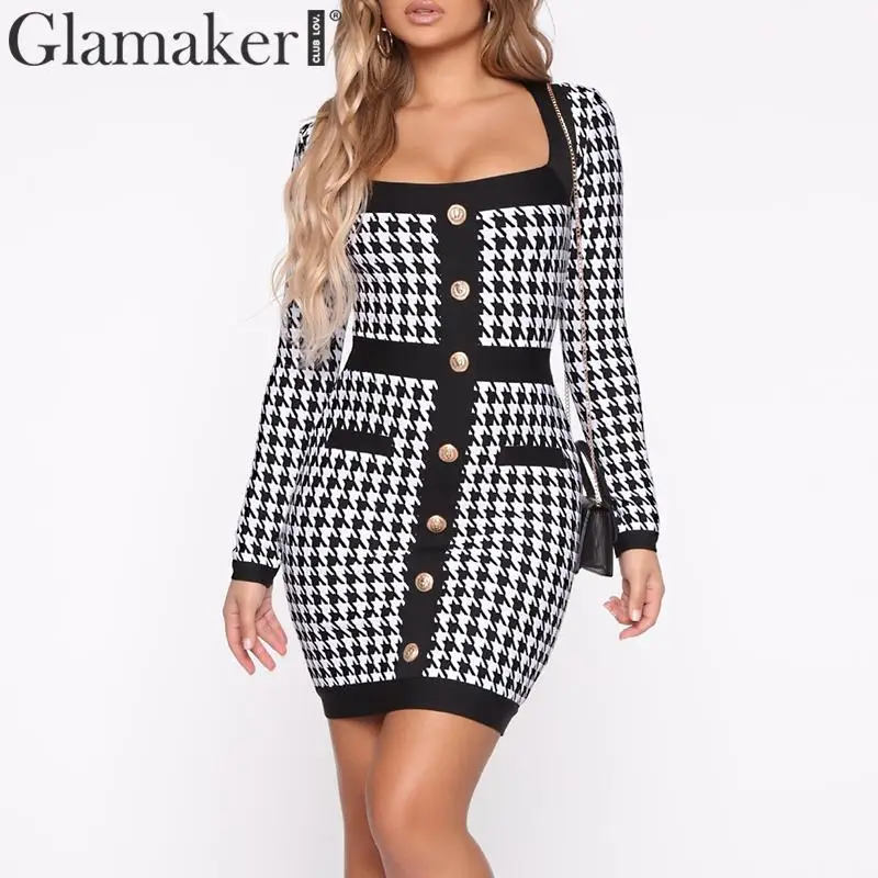 Glamaker Square collar plaid bodycon dress Women long sleeve sexy party club dress Spring summer elegant short dinner dress