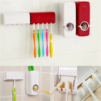 

Auto Automatic Toothpaste Holders Fashion Plastic Wall-Mounted Toothpaste Dispenser + 5 Toothbrush Holder Set Wall Mount Stand