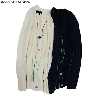 

Th* Classic V Collar Long Sleeve Wool Cardigan Contrast Edge Color Buckle Wild Autumn Knitting Cardigan Coat Woman Outside