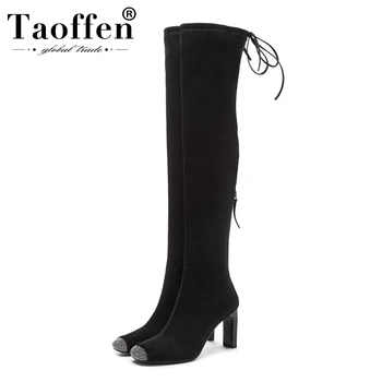 

Taoffen Women High Quality Real Leather Crystal Over Knee Boots Comfortable New Shoes Woman Winter Warm Long Boots Size 34-40