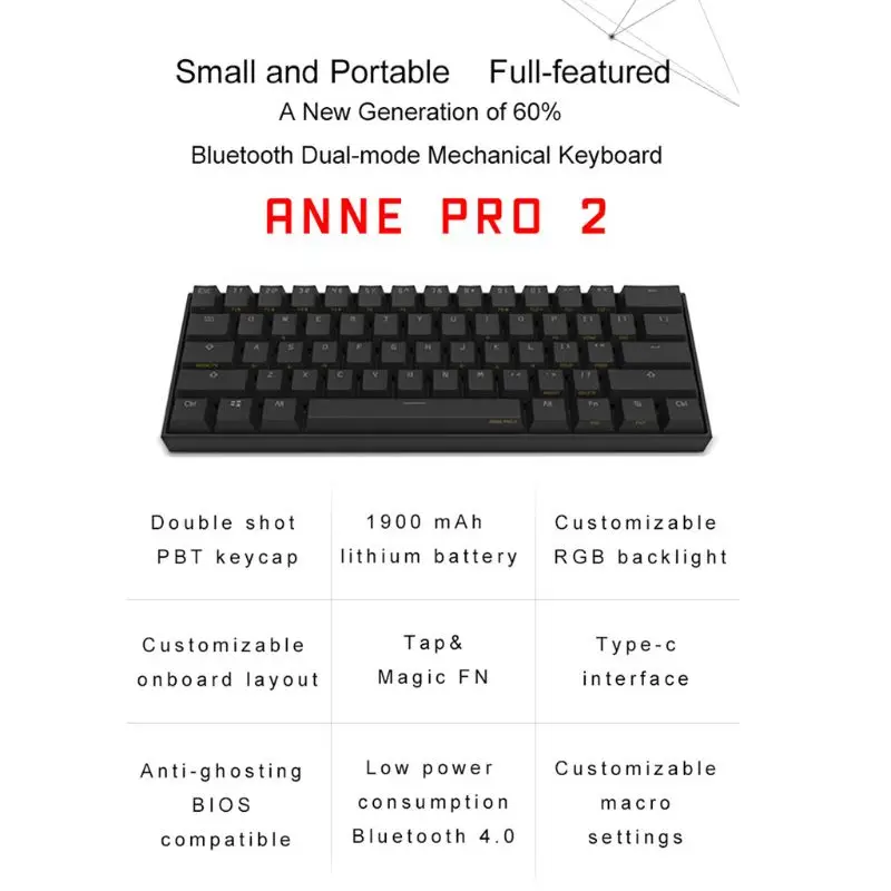 Anne Pro 2 60% NKRO Bluetooth 4,0 type-C RGB 61 клавиша Механическая игровая клавиатура Вишневый переключатель