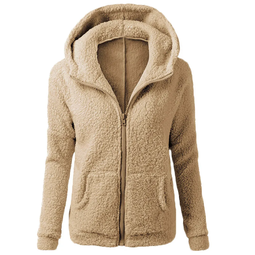 Women Solid Color Coat Thicken Soft Fleece Winter Autumn Warm Jacket Hooded Zipper Overcoat Female Fashion Casual Outwear Coat - Color: Brown