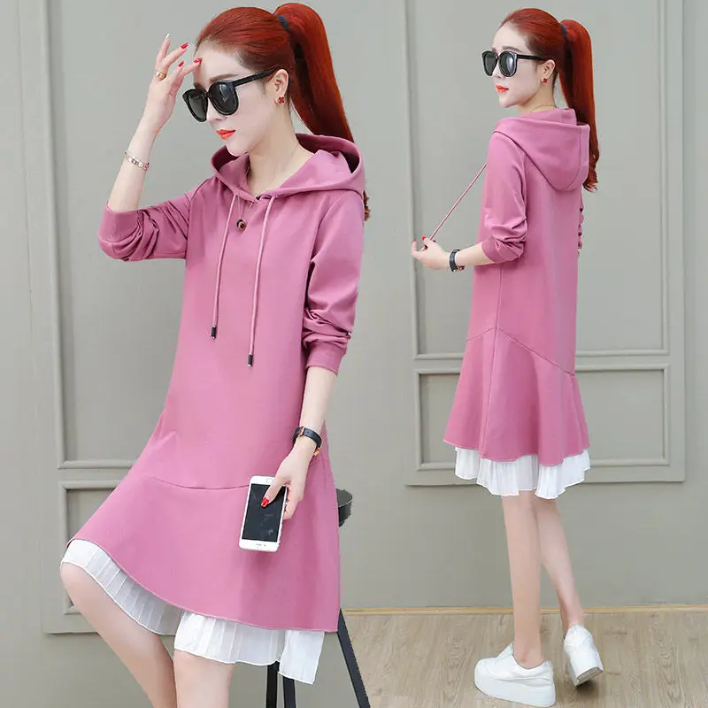 Розовый Autumn Winter Long Sweatshirt Dress Women Casual Hooded Long Sleeve Split Fleece Loose Basic Party Pullover Ruffles Vestido - Цвет: Розовый