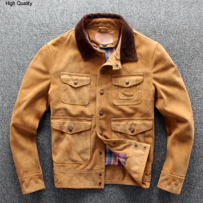 

2020 men's safari style cow suede jacket RL copy Multi-pocket real leather coat men yellow single breasted casual jacket male