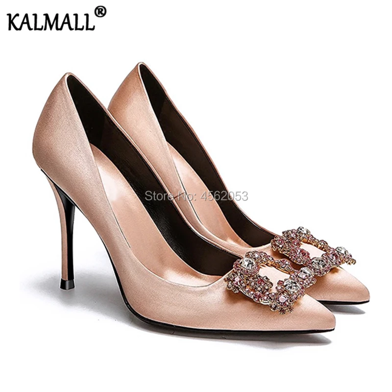 

KALMALL Satin Silk Black Red Bride Wedding Shoes Ladies Pumps Tacones Mujer Pointed Toe Rhinestone Buckle Crystals High Heels