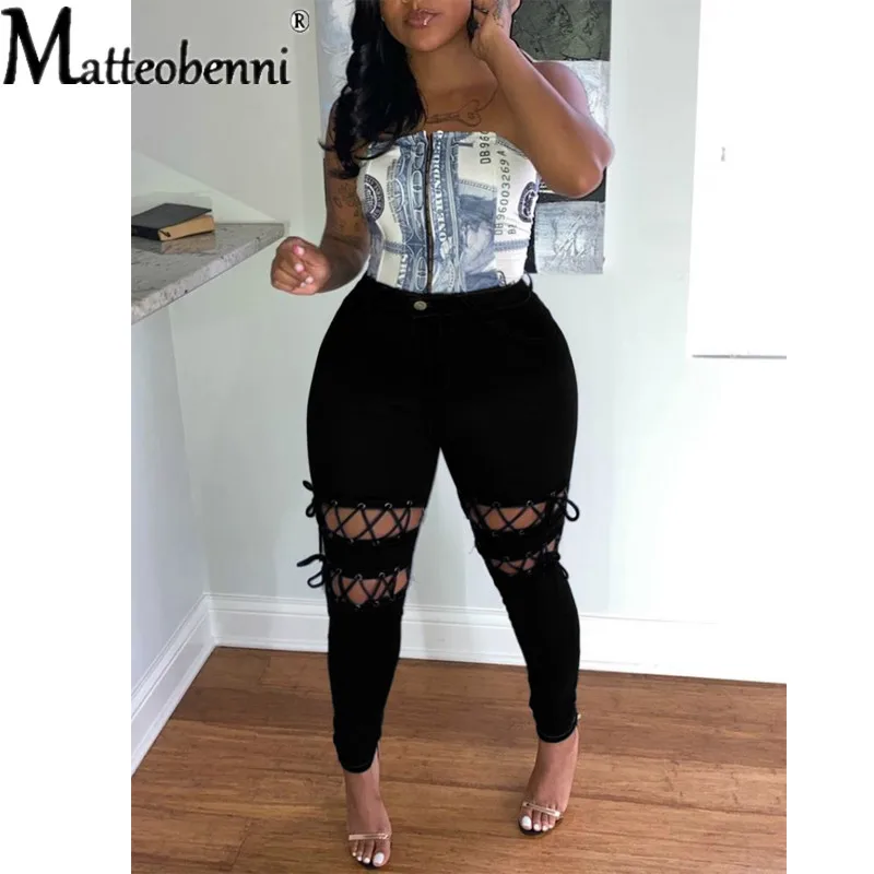 New Fashion Women Solid Lace-up Hollow Out Jeans 2021 Winter Lady's Streetwear High Waist Skinny Denim Pencil Pants