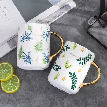 

Nordic Plant Ceramic Cup Brief Pottery Coffee Mug with Handgrip Spoon 480ml Large Capacity Breakfast Milk Juice Cups for Couples