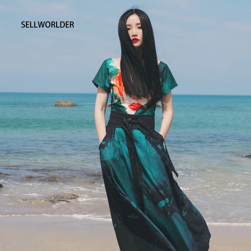 

2019 Woman Japanese Kimono Style Beauty Print Pattern Top with High Waist Loose Skirt Green Split Suit