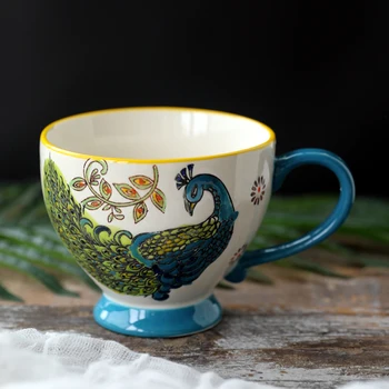 

Hand Painted Tea Cup Peacock Traditional Espresso Cups Porcelain High Capacity Personalised Coffee Mug Ceramic Drinkware MM60MKB