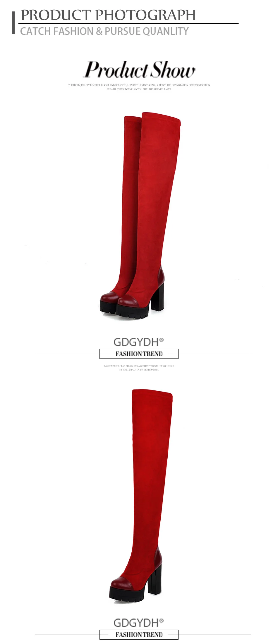 Gdgydh/модные женские зимние сапоги до бедра Замшевые женские сапоги выше колена на высоком каблуке из флока; Цвет черный, красный; высокие сапоги Elatic