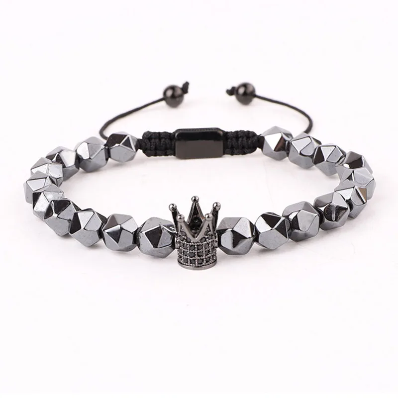 New Design Men Jewelry Faceted Hematite Beaded CZ Pave Crown Handmade Macrame Friendship Bracelet Gift - Image 6