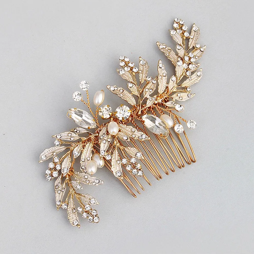 Women Gold Leaf Rhinestones Crystal Hair Comb Bridal Hair Jewelry Weddding Prom Brida Accessories