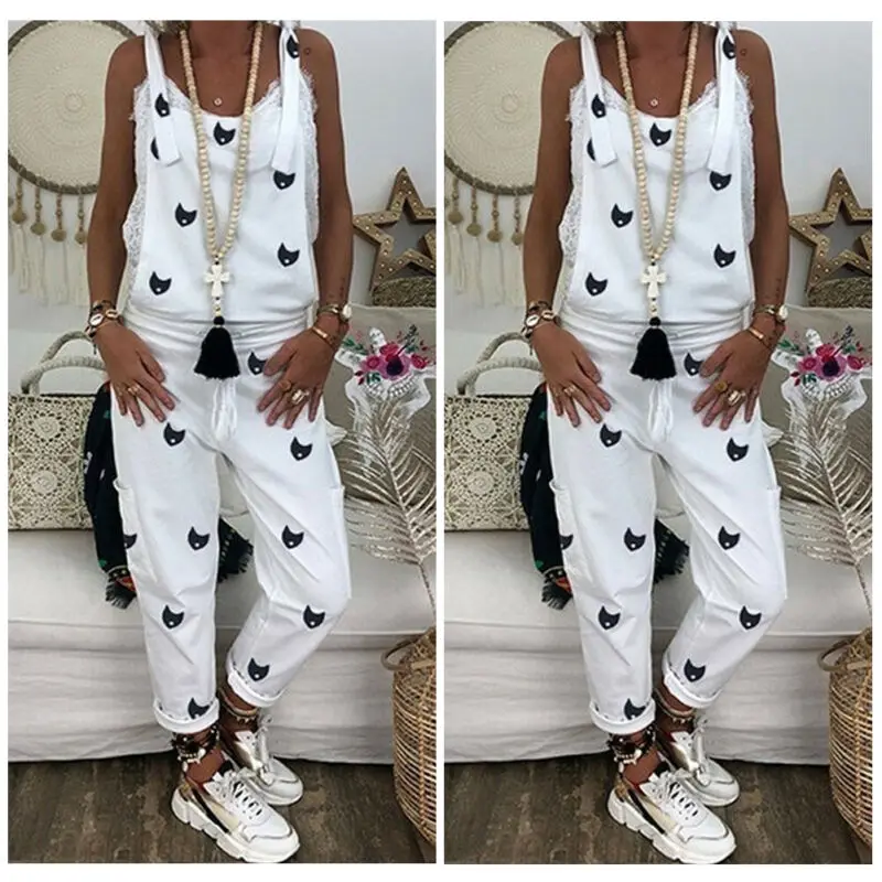 

3 Colors Newest Arrivals Women's Casual Printed Strappy Baggy Loose Jumpsuit Female Summer Sleeveless Harem Long Playsuit s-2xl