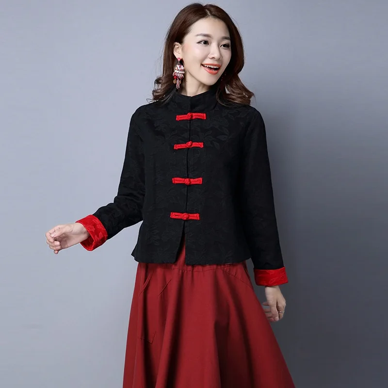 New Year Chinese Style Clothing Women Hanfu Vintage Long Sleeve Cotton Linen Tang Suit Traditional China Fashion Tops Coat 12073