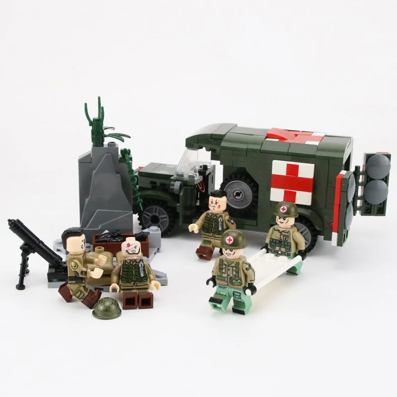 MOC WW2 US Army Wounded soldier Building Blocks Military Ambulance Bricks Weapon Bricks Parts Building Blocks Toys for children