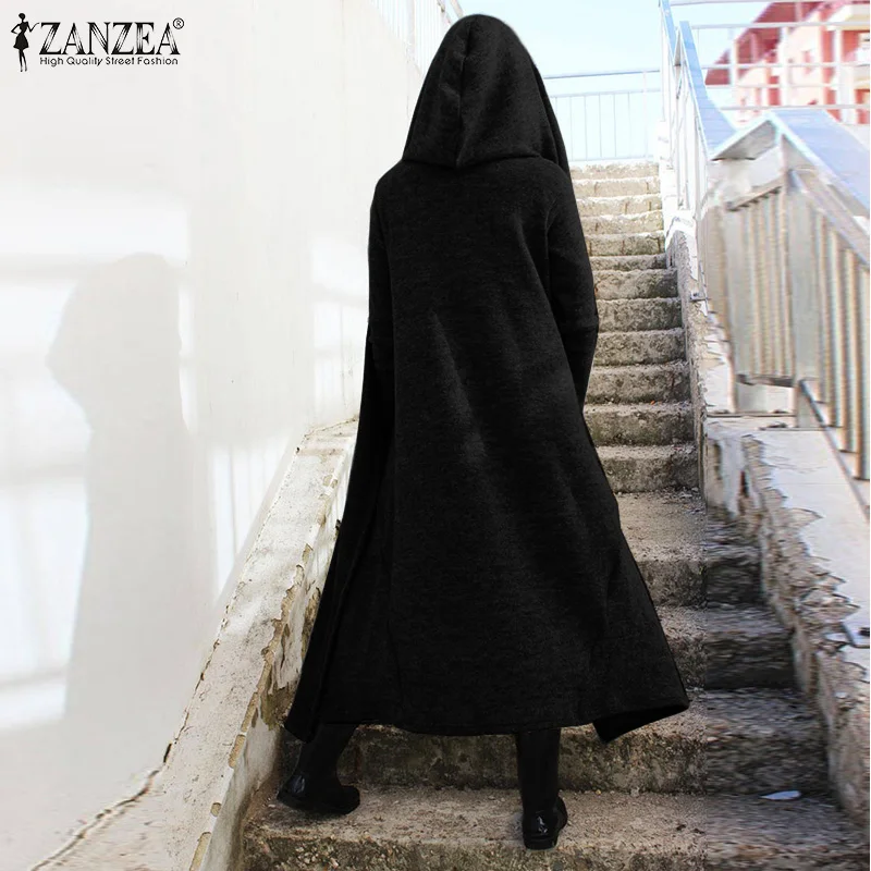 Fashion ZANZEA Women Hoodies Long Sleeve Long Coats Autumn Solid Loose Jackets Casual Hooded Outwear Femme Open Front Cardigan