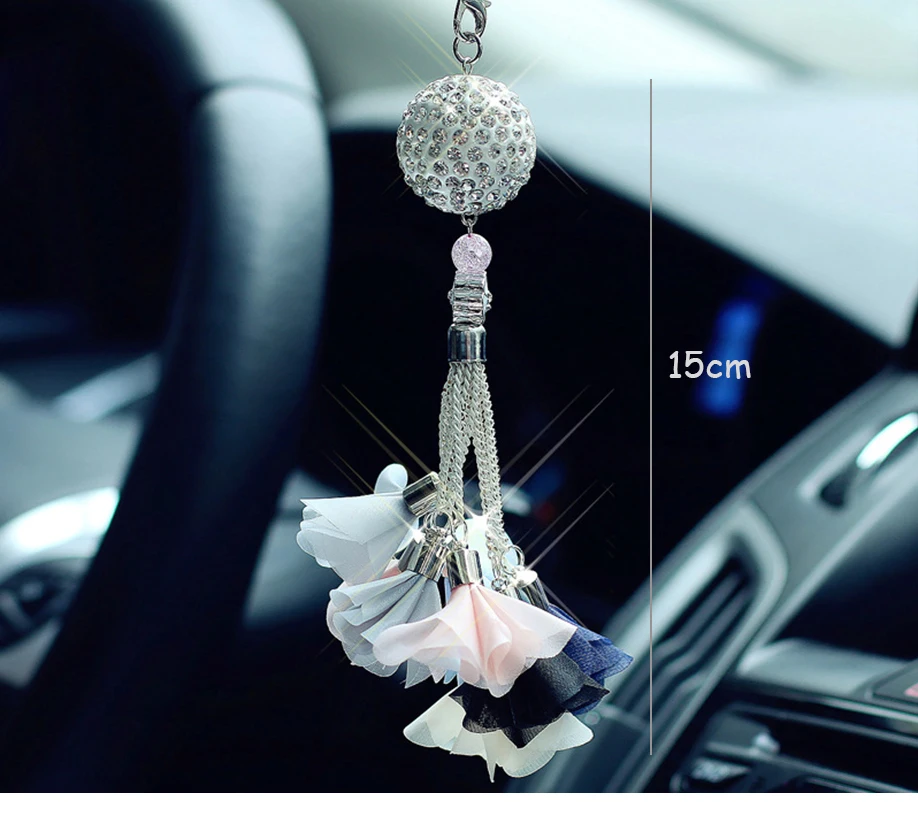12Car Pendant Luxury Diamond Crystal Ball Automobile Rear View Mirror Charms Ornaments Trim Hanging Suspension Interior Decoration (1)
