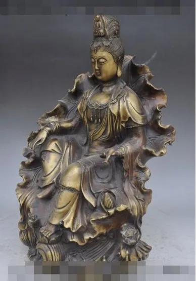 YM 318 1" Китайский, буддистский, бронзовый Kwan-Yin Bodhisattva богиня Будда сиденье статуя лотоса
