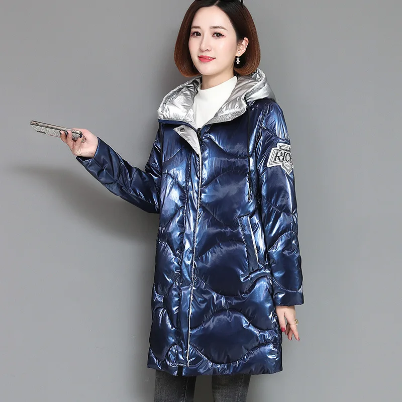 

Fashion Cotton-padded Clothes Women's 2019 Winter New Style Bright Surface Contrast Color Hooded Large Size Mid-length CHIC down