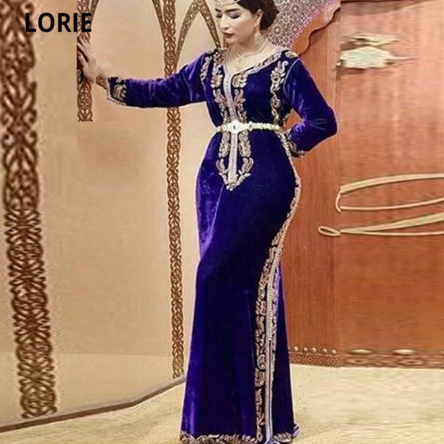 LORIE Royal Blue Moroccan Kaftan Muslim Evening Dresses Formal Velvet Gold Lace Mermaid Long Sleeves Formal Dubai Party Gowns 1