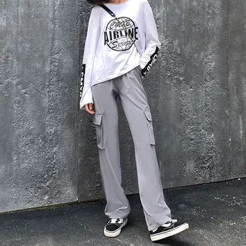 

2019 Solid Colors Casual High Waist Black Cargo Pants Women Spring And Autumn Straight Skinny Vertical Thin Pants Female A5004