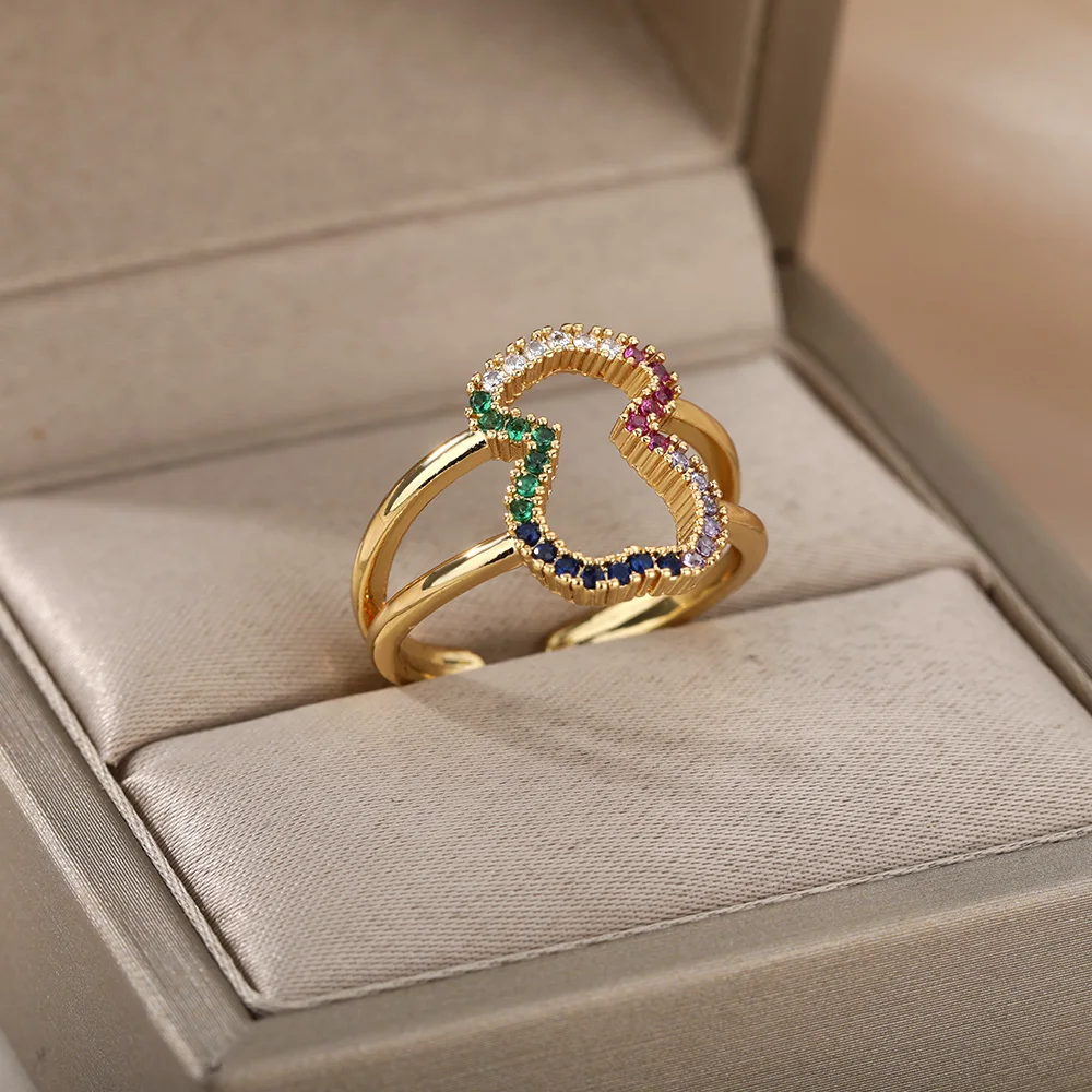 Gold Plated Stainless Steel Adjustable Statement Ring With Colorful Geometric Zircons Design