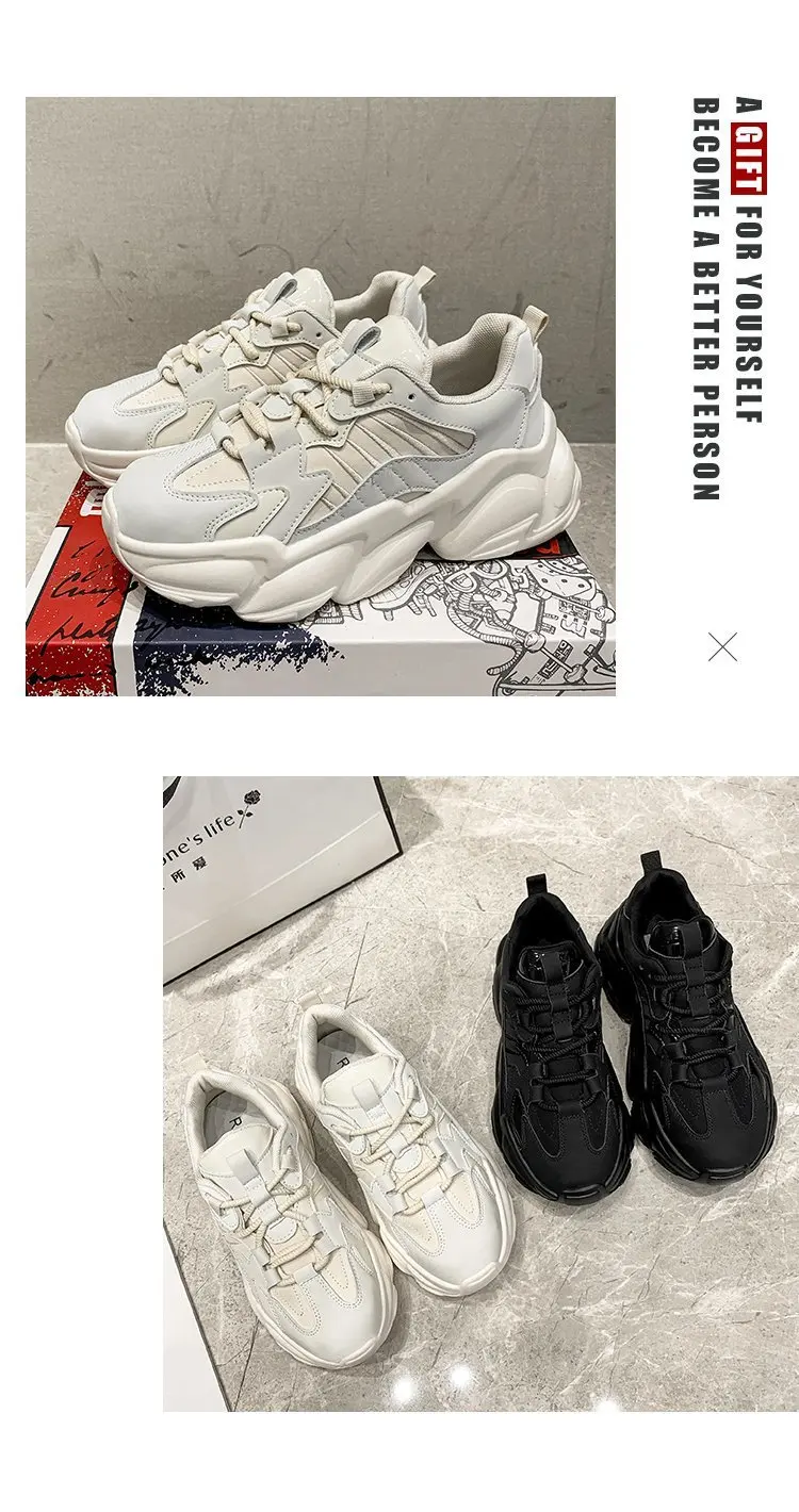 2022 Black Platform Sneakers Women Shoes Casual Lace Up Thick Sole Shoes Woman Beige Chunky Sneakers Leather Vulcanize Shoes