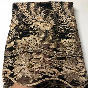 

2020 gold African Lace Fabric beads High Quality Lace Fabric French Sequins Net Tulle Fabrics Nigerian Laces For Wedding Dress