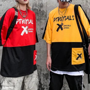 

Summer Patchwork Color Harajuku Hip Hop Couple Loose Short Sleeve T Shirt Famale Fashion Oversize Round Neck T-shirt Women Top