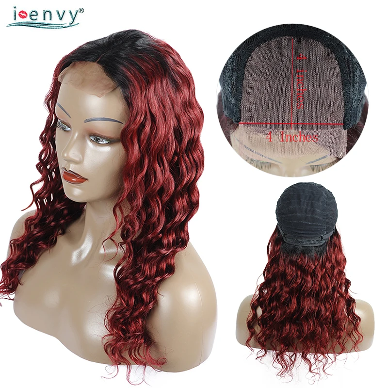 Red Ombre Human Hair Wig Loose Deep Wave Lace Closure Wigs Brazilian 1B 99J 4*4 Burgundy Nonremy | Шиньоны и парики