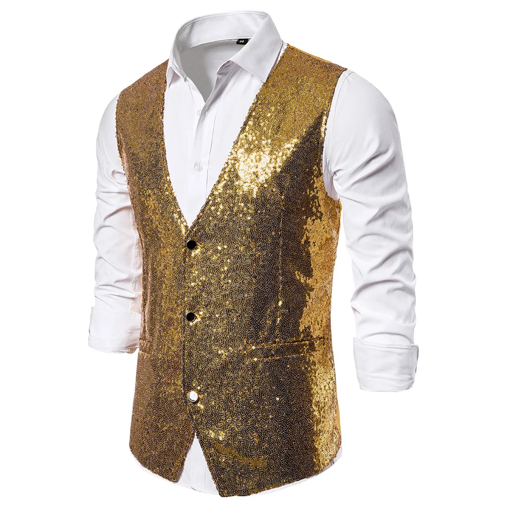 Adisputent Autumn Men Sequin Blazers Vest Gliter Suit Vest Nightclub DJ Stage Shiny Gold Sequin Bling Glitter Vest S-XXL